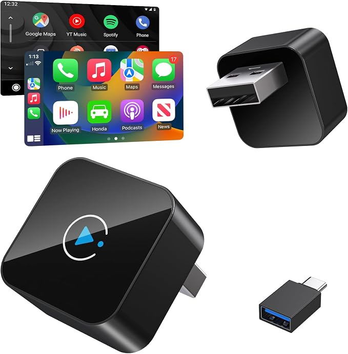Wireless CarPlay Adapter 2 in 1 2026 Upgraded for Factory Wired CarPlay, Car Play/Android Auto, Auto-Reconnect Wired to Wireless Dongle No-Lag, Plug-and-Play, 5GHz WiFi, Bluetooth 5.3 USB-A & USB-C