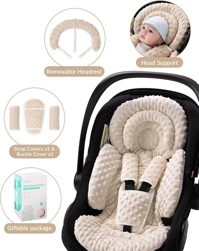 TinlyFinly Infant Car Seat Insert with Extra Cushion for Preemie to Toddler, Reversible Newborn Carseat Insert for Baby Head Body Support, Fits for Stroller, Baby Swing, Bouncer - Dots, Beige