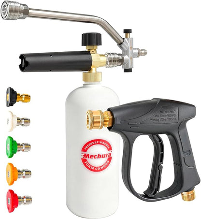 Foam Cannon Kit for Car Wash, Short Pressure Washer Gun with 1L Foam Cannon, Dual Connector Accessory – 1/4" Quick Connect, 5 Nozzle Tips, 3600 PSI, 2.5 GPM