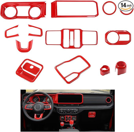 JeCar 14-Piece Red Interior Accessories Trim Kit for 2024-2025+ Jeep Wrangler JL 4XE Gladiator JT- Center Console Dash Panel Interior Upgrade