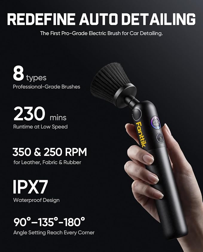 Fanttik Flip G10 Nano AutoCare Cordless Electric Car Interior Detailing Brush, Dual-Speed with 8 Brush Heads, Adjustable Angle & Smart Display, IPX7 Waterproof for Deep Car Cleaning