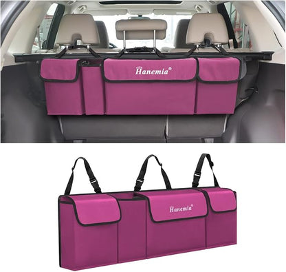 Car Trunk Organizer, Backseat Hanging Storage with 4 Large Pockets, Collapsible Cargo Bag with Adjustable Straps Frees Trunk Floor, Sturdy Space Saving Expert for SUV, Truck, Van (Purple)