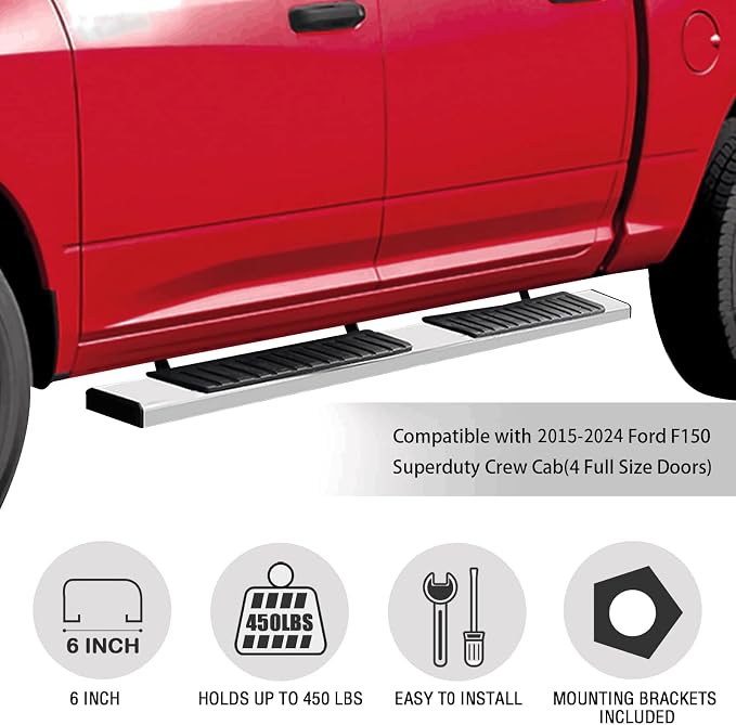 COMNOVA Running Board Compatible with 15-26 Ford F150 Crew Cab(4 Full Size Doors) Side Steps for 2017-2026 Ford F250 F350 Super Duty Crew Cab. 6 Inch High Light Stainless Steel Running Boards & Steps