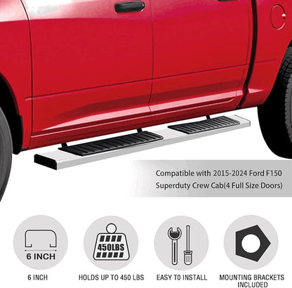 COMNOVA Running Board Compatible with 15-26 Ford F150 Crew Cab(4 Full Size Doors) Side Steps for 2017-2026 Ford F250 F350 Super Duty Crew Cab. 6 Inch High Light Stainless Steel Running Boards & Steps