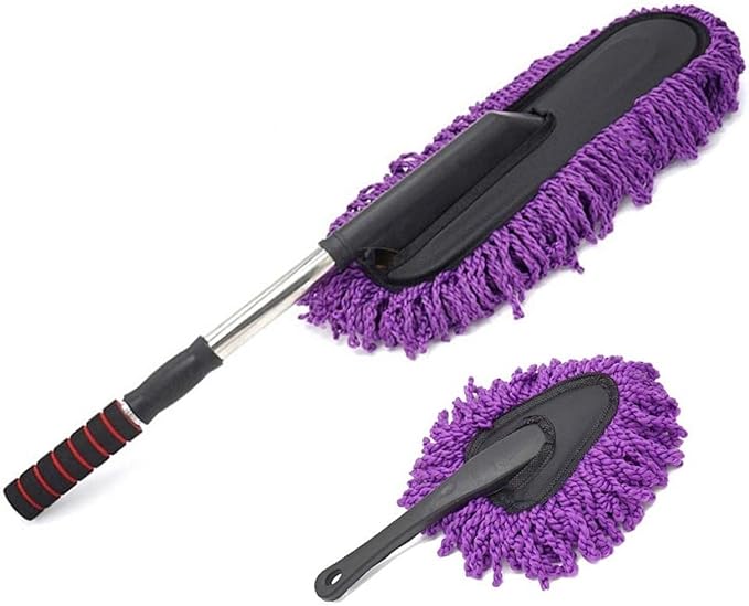 Removable Telescopic Car Wax Drag Nano Fiber Car Wash Brush Car Dusting Tool Car Mop Wax Duster Exterior Interior Cleaning Kit (Premium Car Duster & Dash Duster 2 Pcs Set, Purple)