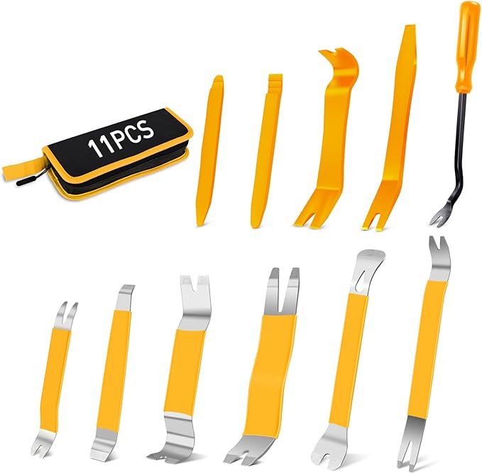 GOOACC 11PCS Trim Removal Tool Kit, Metal & Nylon Pry Tools Set for Car Door Panel, Dashboard, Audio, Clips, Fastener Remover w/Storage Box – Yellow