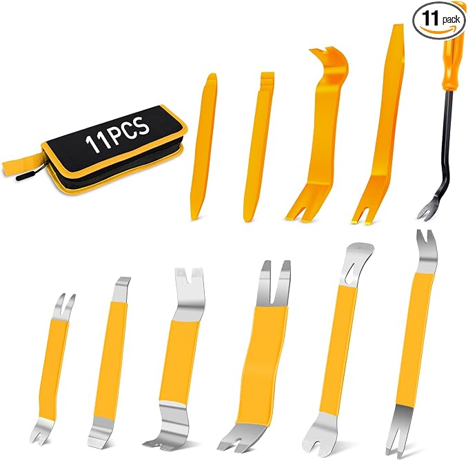 GOOACC 11PCS Trim Removal Tool Kit, Metal & Nylon Pry Tools Set for Car Door Panel, Dashboard, Audio, Clips, Fastener Remover w/Storage Box – Yellow