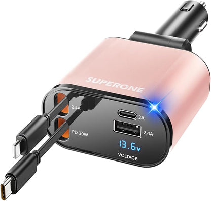 SUPERONE 【Upgraded】 Retractable Car Charger 4 in 1, Fast Car Phone Charger with Cord 2.6ft, USB C Car Charger Adapter, Compatible with iPhone 17/16/15/15 Pro Max/14/13/12/11, Galaxy, Pixel