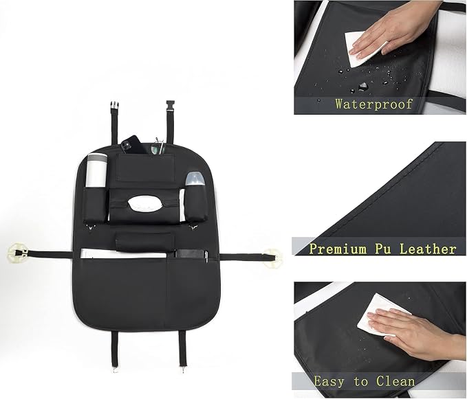 Premium PU Leather Backseat Seat Organizer with Foldable Table, Multi-Storage Pockets and Adjustable Buckle Strap for Automobiles