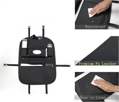 Premium PU Leather Backseat Seat Organizer with Foldable Table, Multi-Storage Pockets and Adjustable Buckle Strap for Automobiles