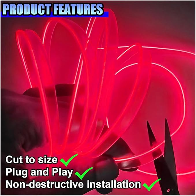 ZIMISI EL Wire Car Interior LED Strip Lights, 5V 16FT Neon Light Strip with Sewing Edge, USB Electroluminescent Car Interior Lights with Fuse Protection, Vehicle Ambient Lighting Decorations (Red)