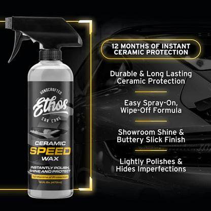 Ethos Ceramic Speed Wax – SiO2 Ceramic Coating Spray for Cars – Hydrophobic Car Wax Spray Top Coat Polish – High Gloss Shine, Ceramic Spray Wax – 12+ Month Protection