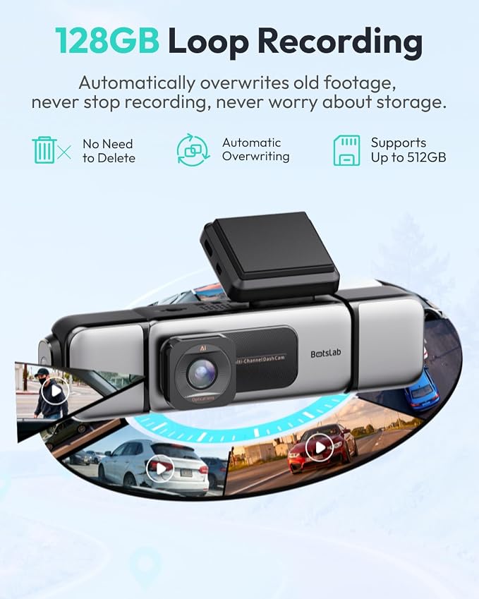 BOTSLAB 3K 4 Channel Dash Cam, 360° All-Around View, Front/Rear/Inside Car Cameras with 3.18" Touch Screen, Dash Camera 24/7 Parking Mode, Built-in GPS, 5.8GHz WiFi, Voice Control, 128GB Card Included