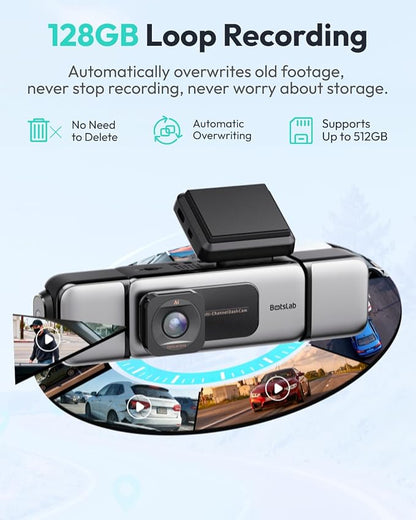 BOTSLAB 3K 4 Channel Dash Cam, 360° All-Around View, Front/Rear/Inside Car Cameras with 3.18" Touch Screen, Dash Camera 24/7 Parking Mode, Built-in GPS, 5.8GHz WiFi, Voice Control, 128GB Card Included