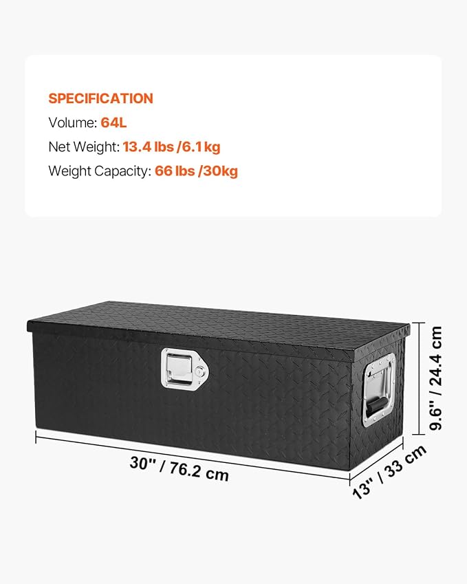 VEVOR Aluminum Truck Bed Tool Box, 30 Inch Heavy Duty Diamond Plate Tool Box with Side Handles, Lock and Keys, Trailer Storage Organizer Chest Box for Pickup, RV, Truck Bed, 30 x 13 x 9.6 in, Black