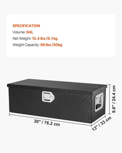 VEVOR Aluminum Truck Bed Tool Box, 30 Inch Heavy Duty Diamond Plate Tool Box with Side Handles, Lock and Keys, Trailer Storage Organizer Chest Box for Pickup, RV, Truck Bed, 30 x 13 x 9.6 in, Black