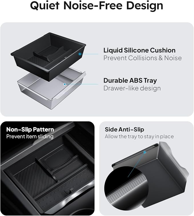 Wigoo Center Console Organizer for Tesla Model Y Juniper (Only Premium & Performance 2025 2026) and All Model 3 Highland Accessories [Double-Layer Storage, Smooth Sliding] 4PCS Black