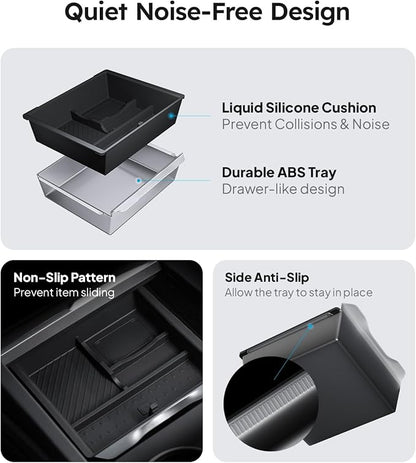 Wigoo Center Console Organizer for Tesla Model Y Juniper (Only Premium & Performance 2025 2026) and All Model 3 Highland Accessories [Double-Layer Storage, Smooth Sliding] 4PCS Black