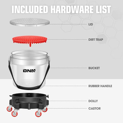 DNA Motoring 5 Gallon Washing System Includes 15.5L Bucket, Filtration System Insert, Five Castor, Bucket Dolly, and Lid for Car Wash and Detailing, Transparent, TOOLS-00603