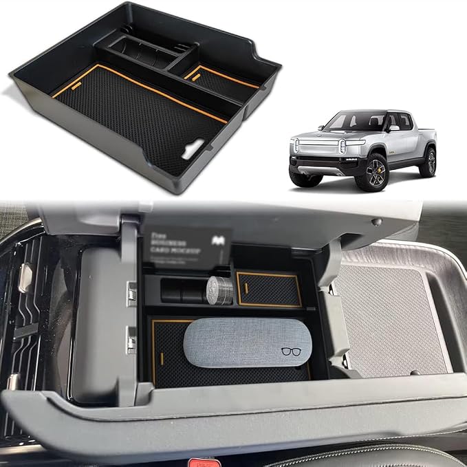 BestEvMod for Rivian R1T & R1S Accessories Center Console Organizer Tray Armrest Storage Box ABS Material with PVC Trim Compatible with Rivian R1T/R1S 2022 2023 2024 2025 2026 Accessories(V2 Yellow)