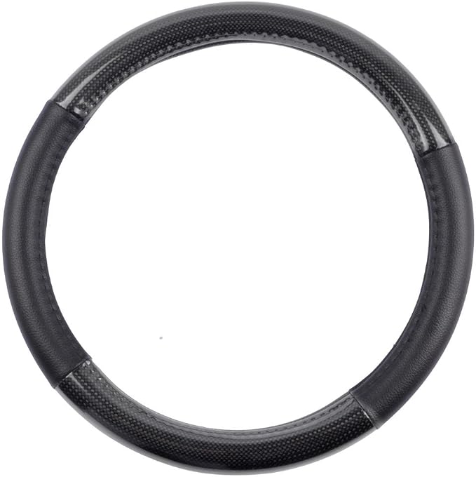 BDK Carbon Fiber Steering Wheel Cover White Vinyl with Fiber Accent - Black Carbon, 14.5-15 inch