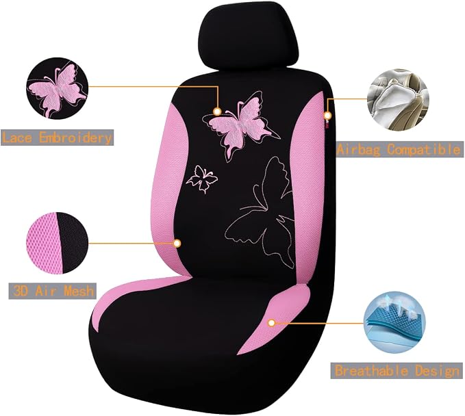 Flying Banner Butterfly car seat Covers ful Set Fashion Universal Lady Woman Female Rear Bench Split Colorized (Pink, Full Set - Lace)