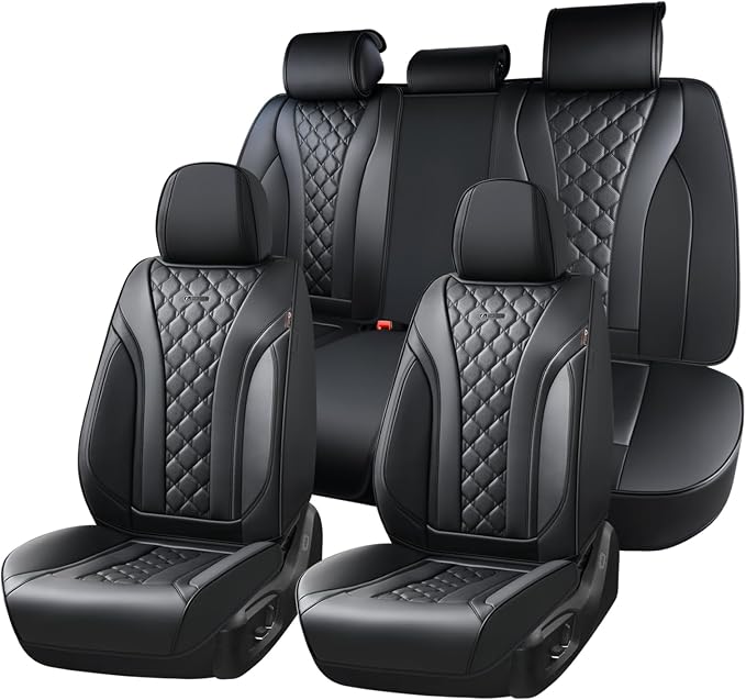 Coverado Leather Seat Covers, Car Seat Covers Full Set, Perforated Diamond Leather Car Seat Cover, Waterproof Car Seat Protector Seat Cushion, Universal 5 Seats Black Seat Cover Fit for Most Cars