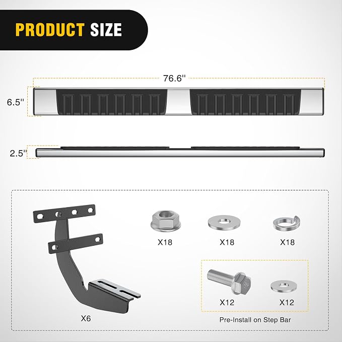 Nilight Running Boards for 2019-2026 Dodge Ram 1500 Quad Extended Cab New Body Style (Exclude 2019-2026 Classic) 6 Inch Slip-Proof Stainless Steel Bolt-on Side Step Nerf Bars,