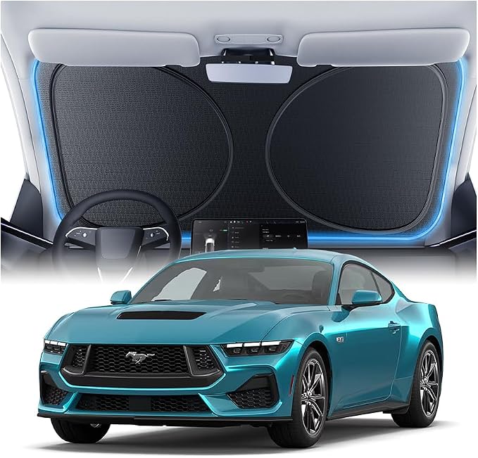 Windshield Sun Shade for Ford Mustang/Ranger 2000-2026, Custom Fit Sunshade, 100% UV Block & Heat Insulation, Foldable Car Sunshade with Storage Bag, Protect Interior Accessories