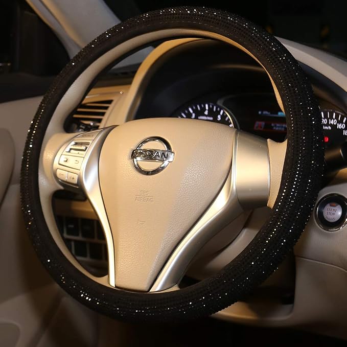 Bling Steering Wheel Cover Women Girls Black Rhinestone Car Accessories 15 Inch Universal Crystal Diamond Cool Bling Anti-Slip Wheel Protector
