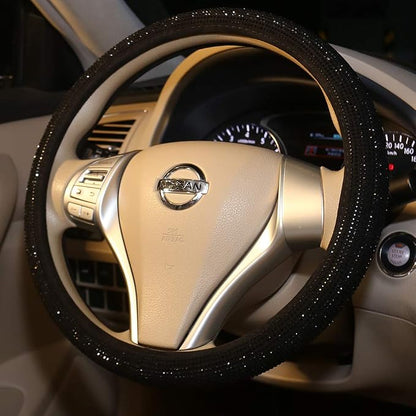 Bling Steering Wheel Cover Women Girls Black Rhinestone Car Accessories 15 Inch Universal Crystal Diamond Cool Bling Anti-Slip Wheel Protector