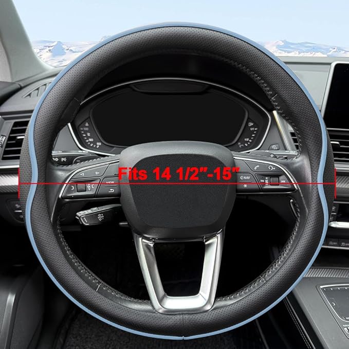 HAOTULE Leather Steering Wheel Cover， with Anti-Slip Stripe Design - Enhanced Grip, Fashion Style, Safe, Non-Slip, Breathable. Upgrade car Interior，Black Blue