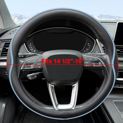 HAOTULE Leather Steering Wheel Cover， with Anti-Slip Stripe Design - Enhanced Grip, Fashion Style, Safe, Non-Slip, Breathable. Upgrade car Interior，Black Blue