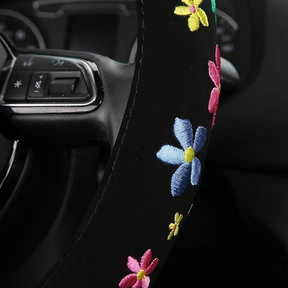 Embroidery Cute Steering Wheel Cover-Deluxe Floral Car Decor,Anti-Slip,Sweat Absorption,Universal 15 inch (floral1)