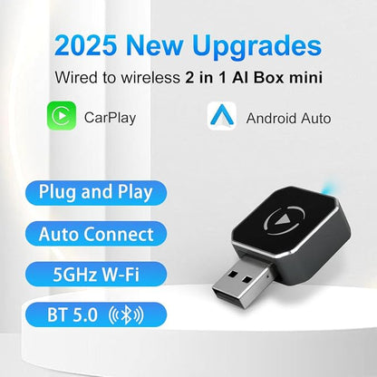 Wireless CarPlay & Android Auto Adapter, Plug & Play 2-in-1 Conversion for Wired Apple CarPlay Cars, USB/USB-C Compatible, Works with iPhone iOS 10+ & Android 11+ Smartphones