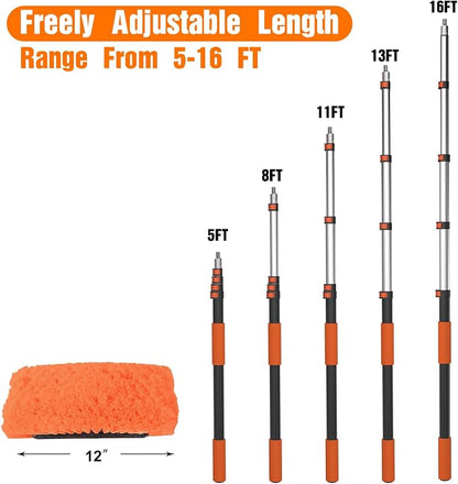 LAANPOLE 16FT Car Wash Brush with Long Handle, Car Cleaning Kit with Soft Bristle Wash Brush, Microfiber Cleaning Mop, Window Squeegee, Mitt, Wheel Brush for RV, Truck, Boat, House Siding
