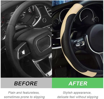 DXNQ Car Steering Wheel Cover, 15 Inch Carbon Fiber Leather Stitching Color Steering Wheel Protector, Anti-Slip Elastic Breathable Steering Wheel Cover Stylish Decor for Most Cars (Black & Beige)