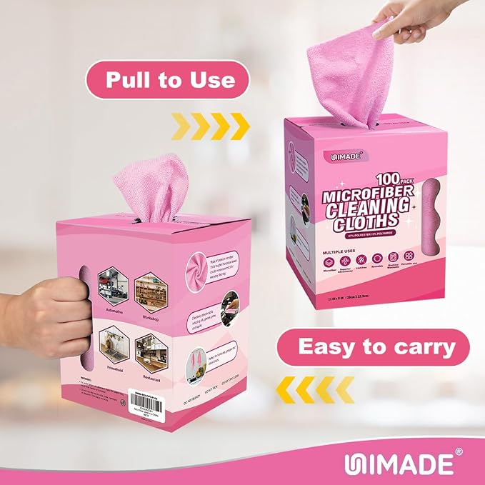 UNIMADE Microfiber Cleaning Cloth, 100 Sheets Microfiber Towels for Cars Commercial Grade Washcloths Lint-Free Bulk Shop Towel Cleaning Rags for Household Restaurant Garage Housekeeping,11"x 9", Pink