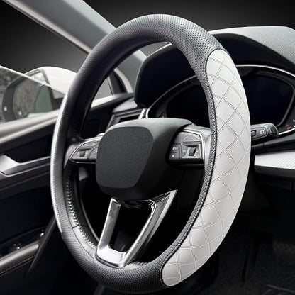 LKWLIKEI Nappa Leather Steering Wheel Cover, Elegant Diamond Checkered Design, Non-Slip wear-Resistant, Enhance Driving Comfort, Suitable for Steering Wheel Diameter 14 1/2‘-15’ Models.Black White