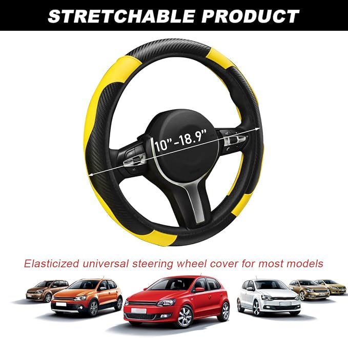 DXNQ Car Steering Wheel Cover, 15 Inch Carbon Fiber Leather Stitching Color Steering Wheel Protector, Anti-Slip Elastic Breathable Steering Wheel Cover Stylish Decor for Most Cars (Yellow)