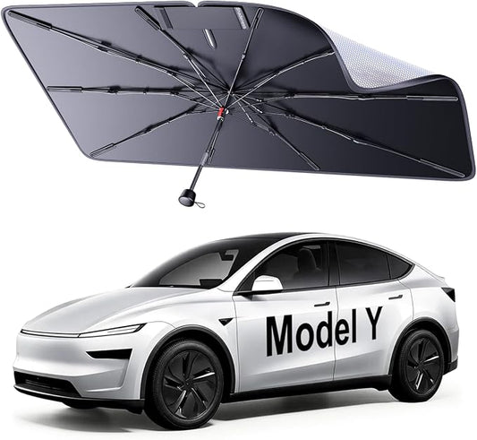 2026 Upgraded Windshield Sun Shade Umbrella for Tesla Model Y [Precision Custom Fit, Superior UV & Heat Block] Cooling Tech Fabric, Durable Foldable with Storage Bag, Fits 2020-2026 Juniper