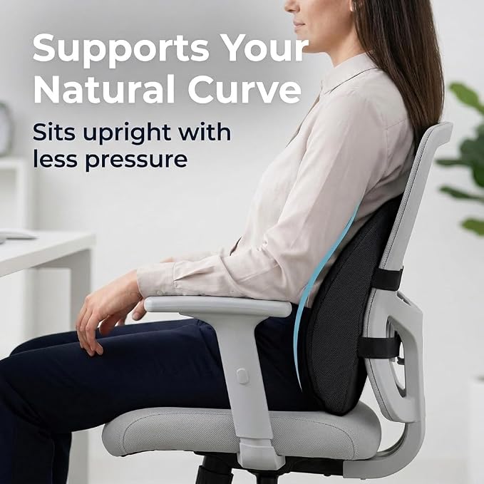 Lumbar Support Pillow for Office Chair & Car Seat, All-Season Memory Foam for Lower Back Pain Relief, Non-Slip Back Cushion with Dual Straps for Desk Workers & Drivers, Black