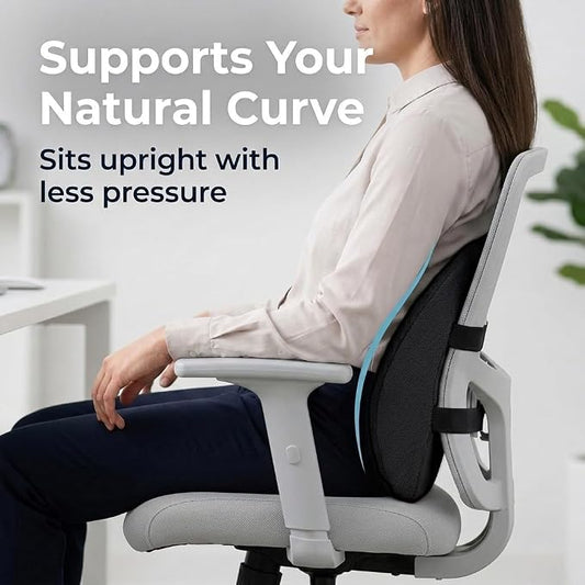 Lumbar Support Pillow for Office Chair & Car Seat, All-Season Memory Foam for Lower Back Pain Relief, Non-Slip Back Cushion with Dual Straps for Desk Workers & Drivers, Black