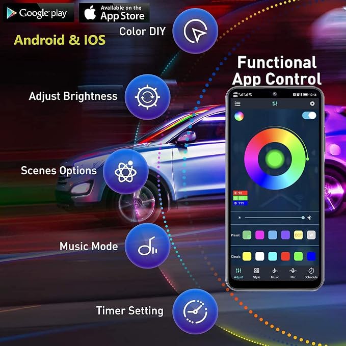 Yielinth Underglow Car Lights, 252 LEDs RGBIC 4 pcs Dream Color Dancing Chasing Strip Lights with 16 Million Colors and 213 Scene Modes with App and Remote Control, 5 Music Modes for All Cars