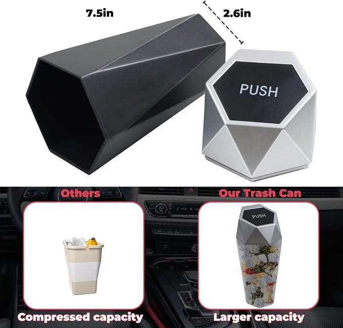 BFXM Car Trash Can, 2 Pack Car Trash Bin with Lid, Car Accessories for Women Interior, Car Garbage Can with Additional 2 ABS Hooks and 60pcs Trash Bags, Suitable for Home, Office, Car Organizer, Black