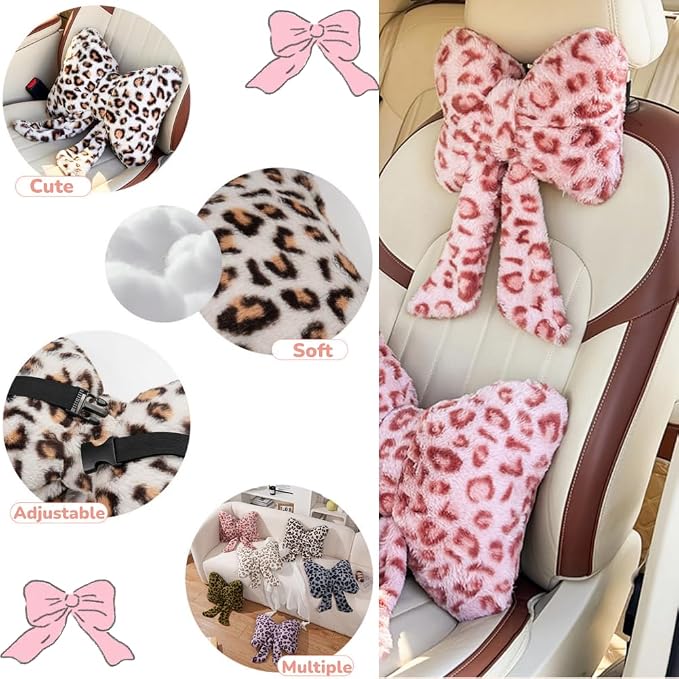 LYFJMUS 4 Pack Plush Bow Car Headrest Pillow and Lumbar Support Pillow Soft Butterfly Car Neck Pillows for Driving Cars Decor (White Leopard)