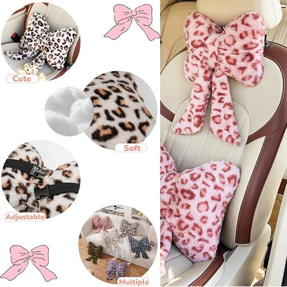LYFJMUS 4 Pack Plush Bow Car Headrest Pillow and Lumbar Support Pillow Soft Butterfly Car Neck Pillows for Driving Cars Decor (White Leopard)