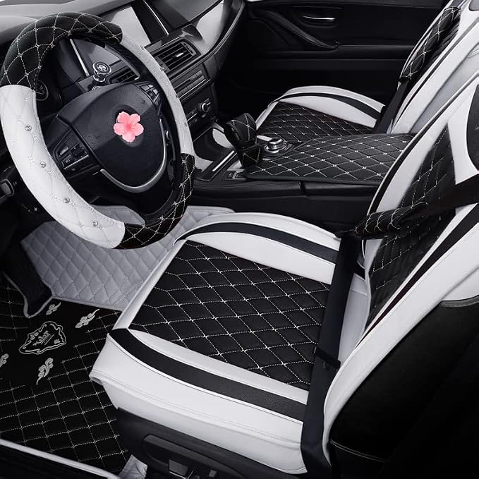 Car Seat Covers Front Seats, Super Luxurious Heavy Universal Duty Waterproof Leather Automotive Vehicle Cover for Cars SUV Pick-up Truck, Non-Slip Seat Black White Car Accessories (2 PCS Front/White)