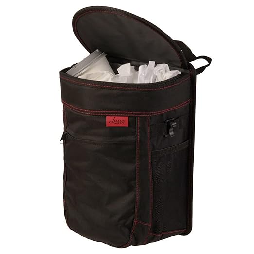 Lusso Gear Spill-Proof Car Trash Can - Leak-Proof Lid & Removable Liner for Car Bin - Travel Organizer with Mesh Pockets - 2.5 Gal, Black w Red Stitching