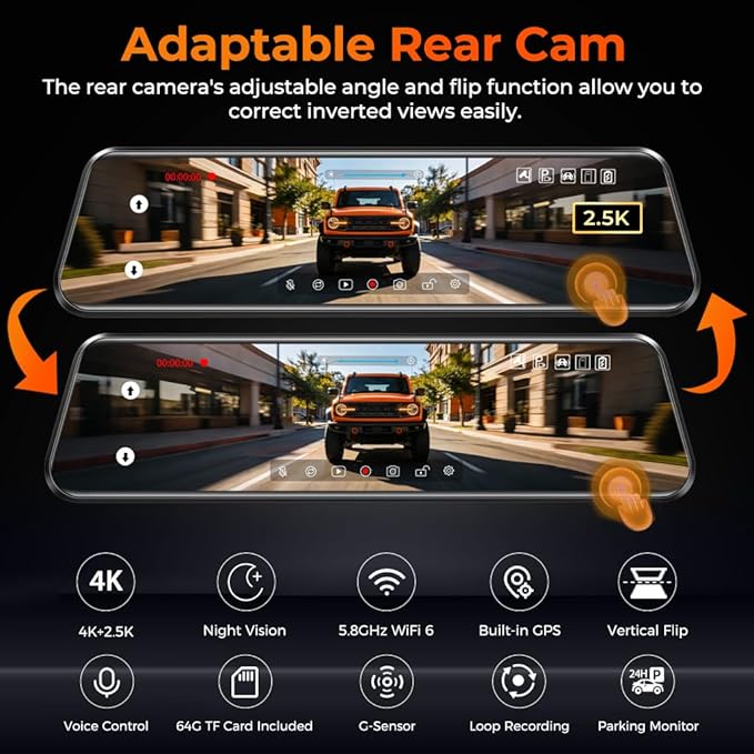 12" Mirror Dash Cam, 4K UHD Front and 2.5K Rear View Dash Camera for Car, with ADAS BSD LCA Smart Mode, GPS, G-Sensor, Loop Recording, Parking Monitor, Voice Control, 5.8GHz WiFi